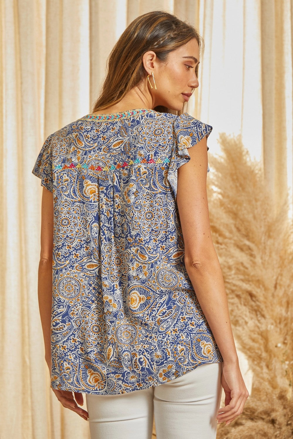 Emb. Border Floral Paisleys Flutter Sleeve Top Navy Multi