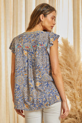 Emb. Border Floral Paisleys Flutter Sleeve Top Navy Multi