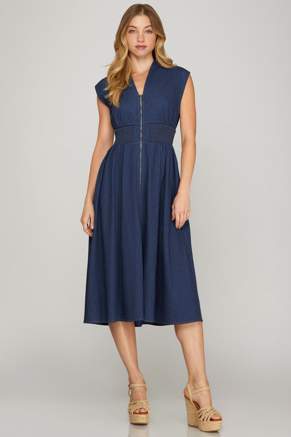 Smocked Waist Washed Denim Front Zip Midi Dress Denim Blue