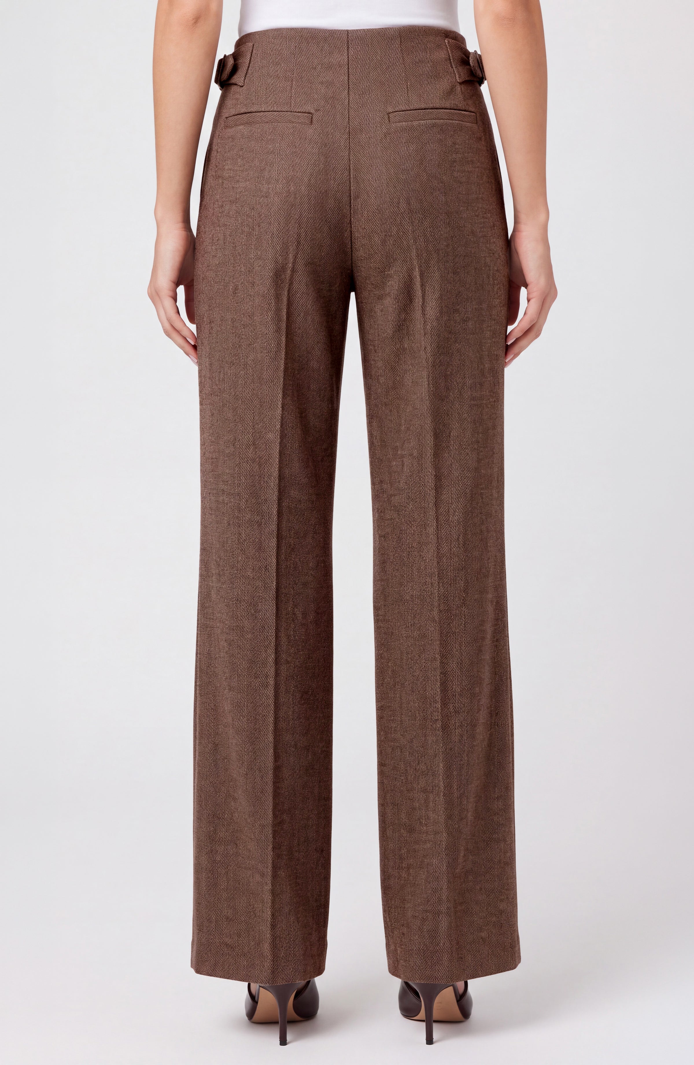 High Rise Pleated Wide Leg Tab Trouser Chestnut