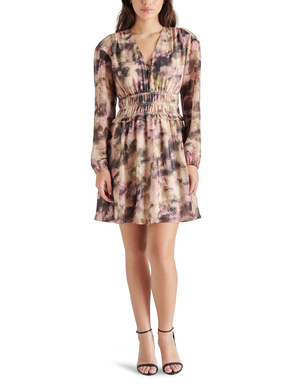 Fiora Smock Waist Camo Watercolor Chiffon Mini Dress Autumn Mauve