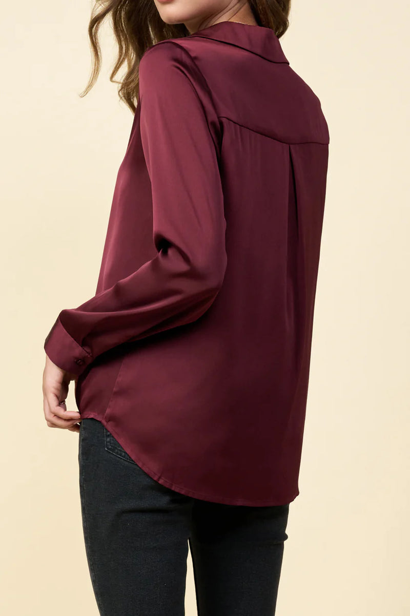 Button Down Satin Blouse Plum