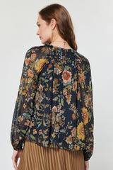 Botanical Floral Printed Shimmer Stripe Blouse Navy Multi