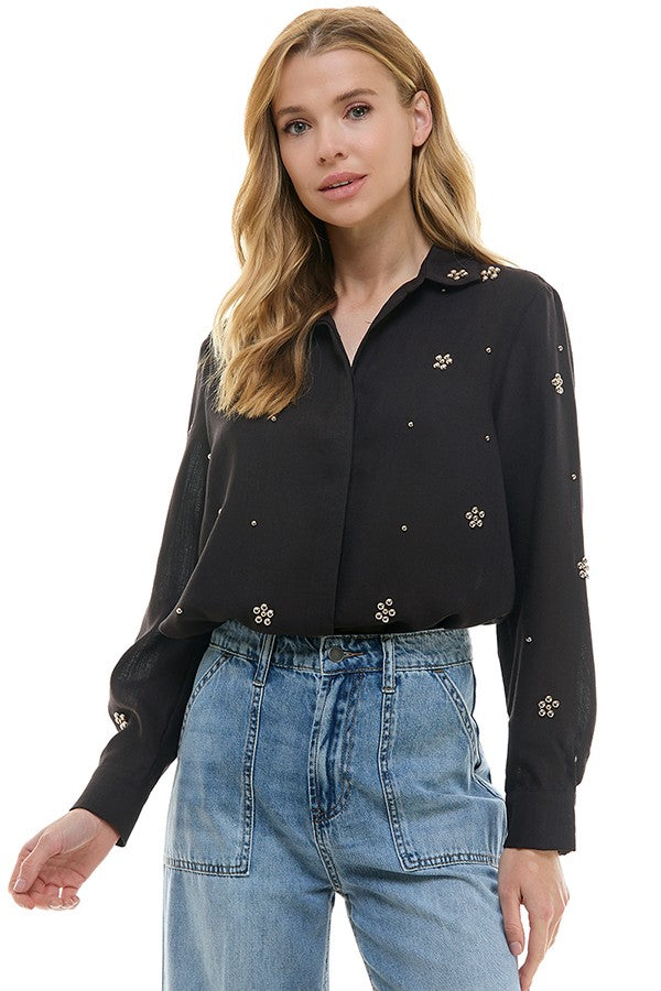 Studded Floral Button Down Shirt Black