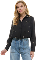 Studded Floral Button Down Shirt Black