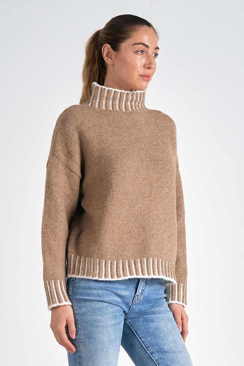 Striped Detail Hem Turtleneck Sweater Tan