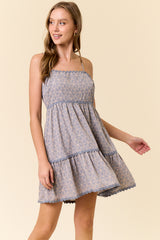 Geo Floral Rick Rack Trimmed Tiered Mini Dress Dusty Blue