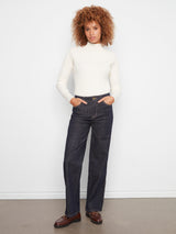 Scallop Outseam Raw Hem Straight Leg Deep Blue