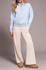 Stitched Shoulder Detail 1/4 Zip Long Sleeve Top Chambray