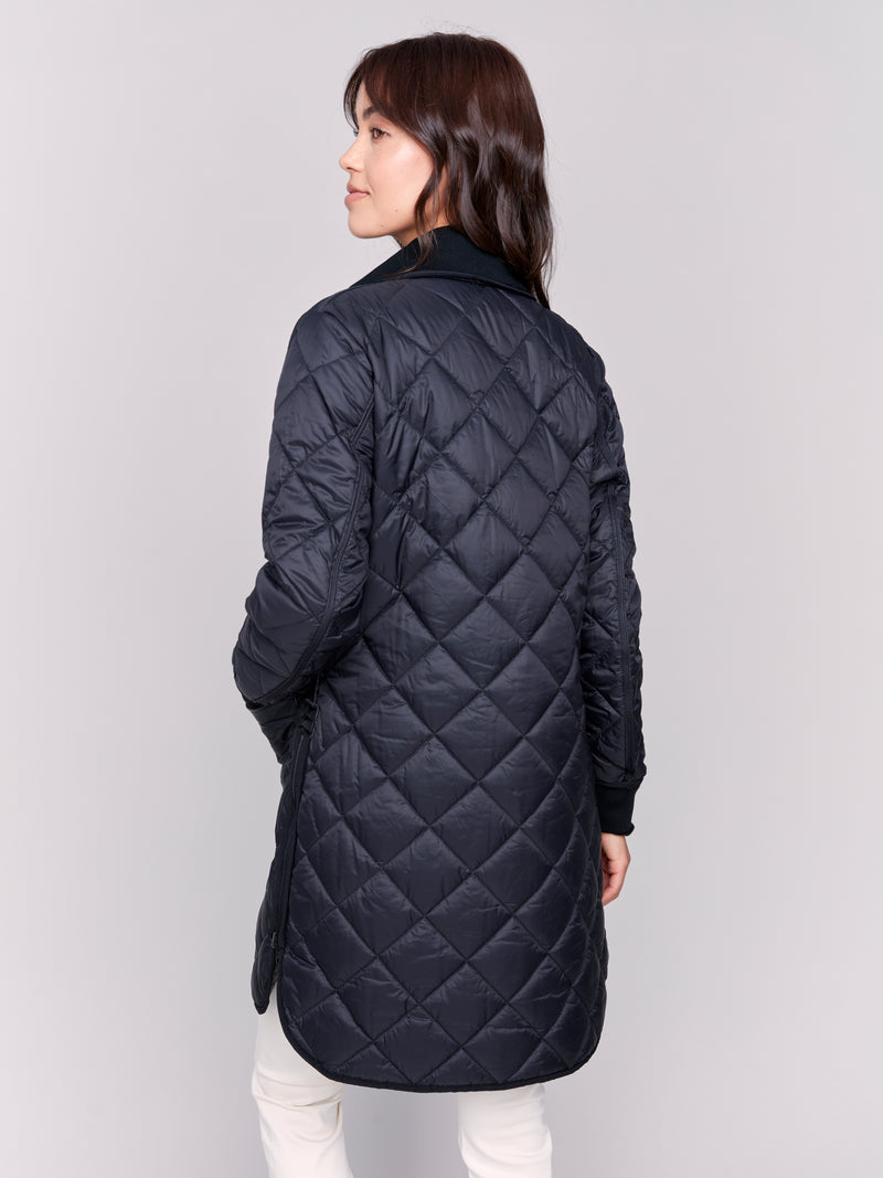 Leather Trim Reversible Quilted Puffer Jacket Black