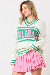 Pickleball Boucle Athleisure Vneck Sweater White + Green