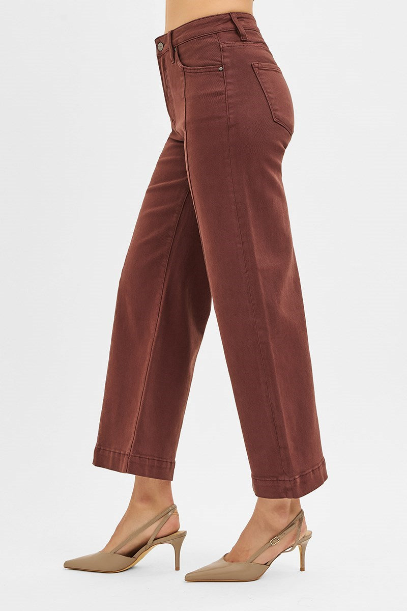 Tummy Control High Rise Crop Wide Pants Choco Brown
