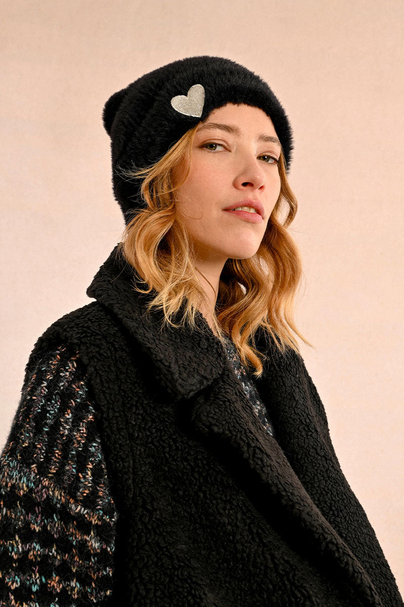 Embroidered Heart Fuzzy Beanie Black