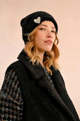 Embroidered Heart Fuzzy Beanie Black