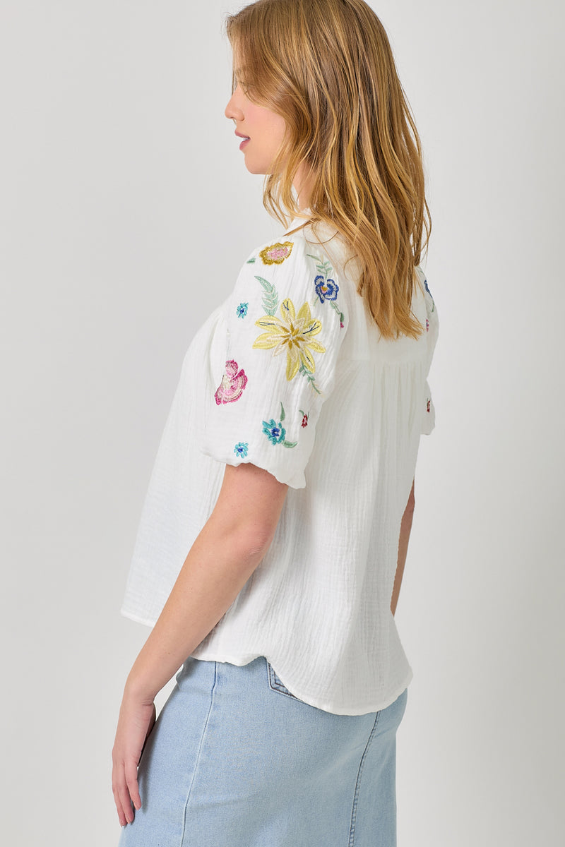 Embroidered Puff Sleeve Gauze Peasant Blouse Washed White