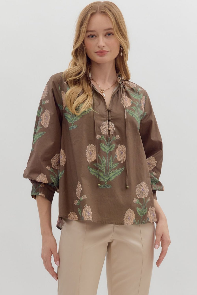 Floral Print 3/4 Cuff Bubble Sleeve Pullover Top Brown