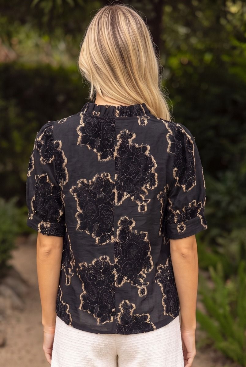 Ruffle Vneck Vintage Burnout Velvet Top Black