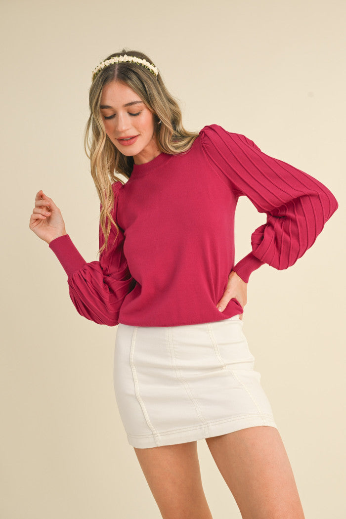Stripe Texture Balloon Sleeve Pullover Dark Crimson