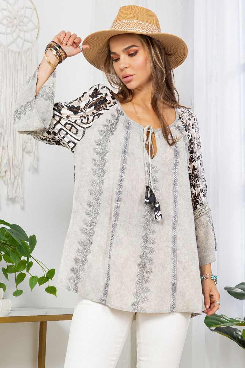 Aari Embroidered Spirit Peasant Top Grey