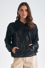 Metallic Sweater Knit Hoodie Black