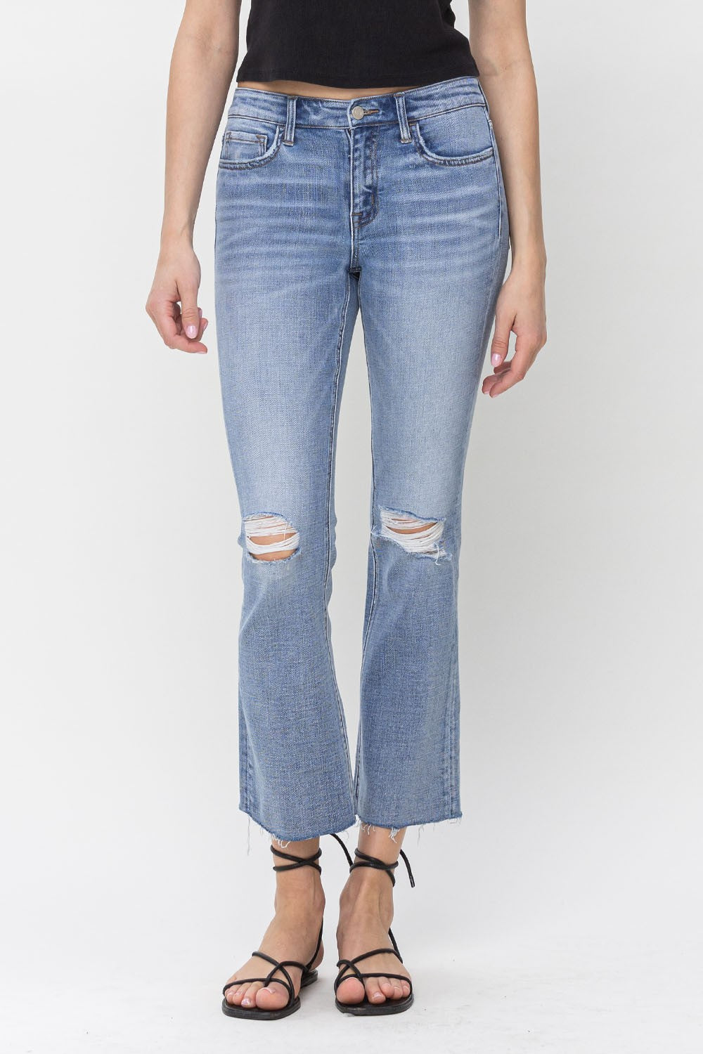 Distressed Raw Hem Mid Rise Kick Flare Jeans Triumph