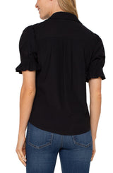 Elbow Puff Sleeve Snap Front Shirt Black