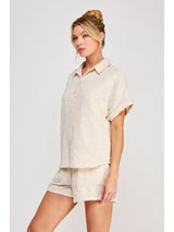 Breezy Jacquard Button Up Short Sleeve Shirt Sand
