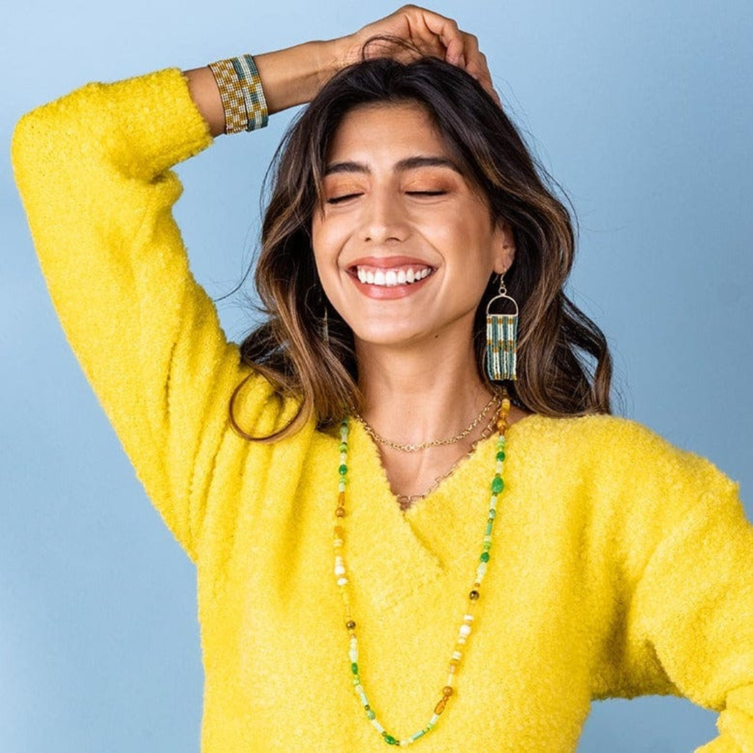 Allison Check Stripe On Arch Beaded Earrings Green, Mint + Citron