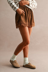 Floral Lace Trim Drawstring Satin Shorts Chocolate Brown