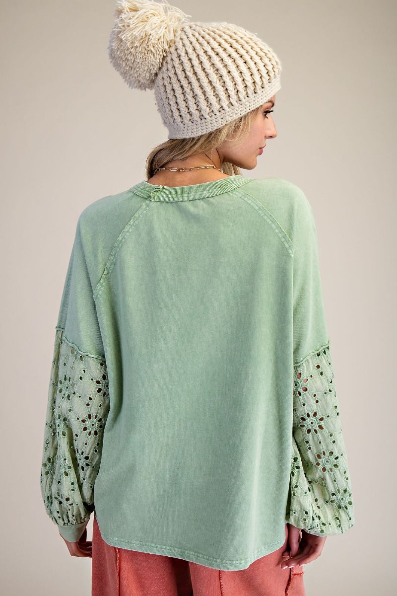 Eyelet Lace Inset Mineral Wash Pullover Apple Green