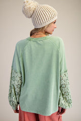 Eyelet Lace Inset Mineral Wash Pullover Apple Green