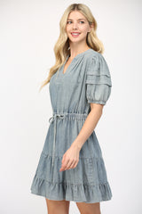 Stitched Neck Band Tuck Detailed Mini Dress Light Denim