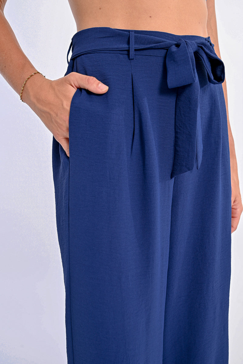 Crepe Tied Belt Wide Leg Pants Navy Blue