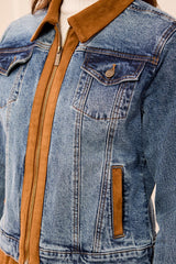Suede Detail Zip Front Denim Jacket Moonlight