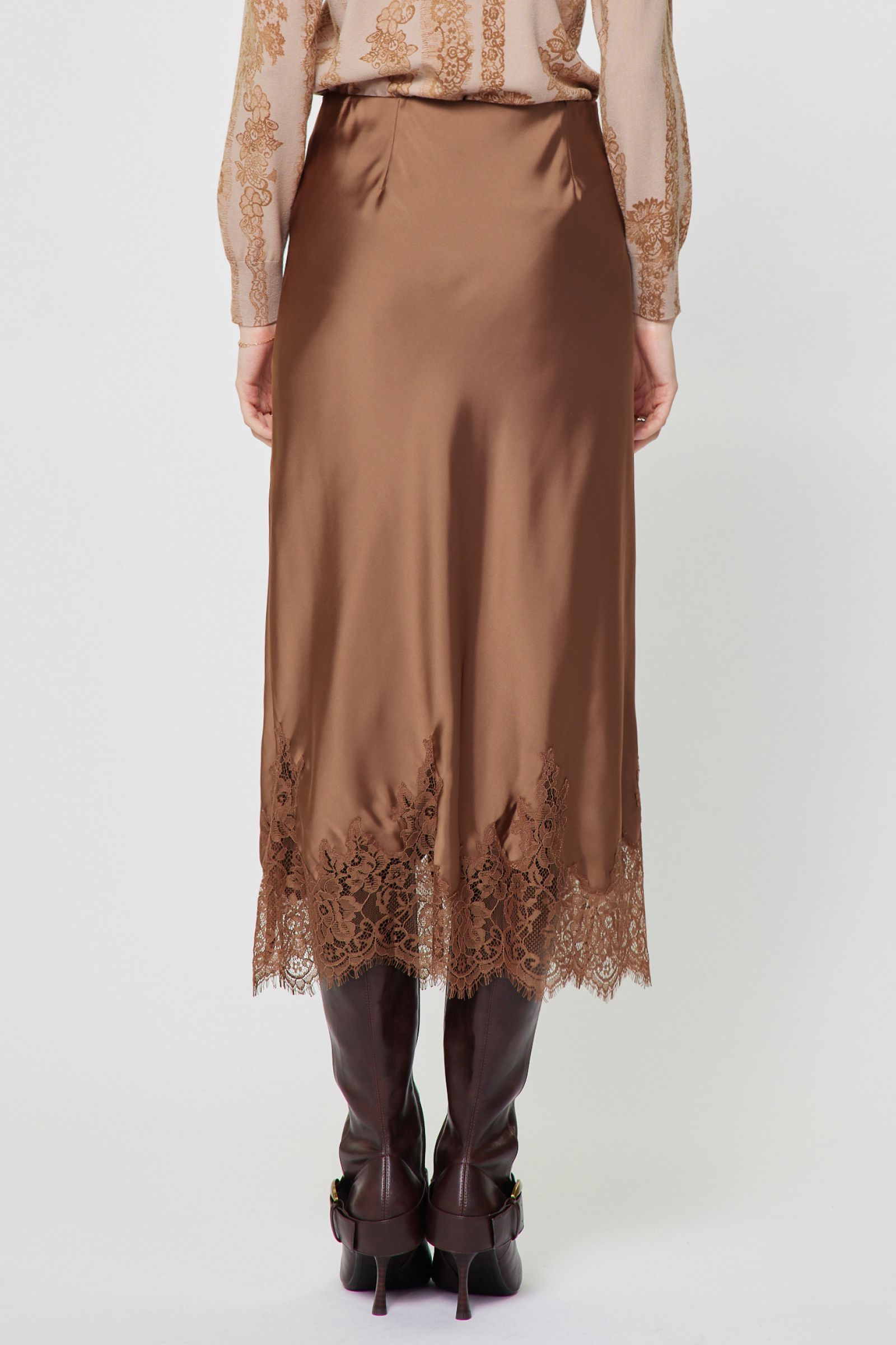 Lace Hem Satin Skirt Mocha Mousse
