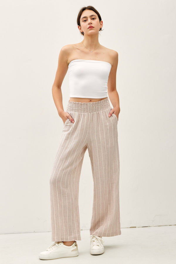 Pinstriped Gauze Smocked Waist Crop Pants Amber