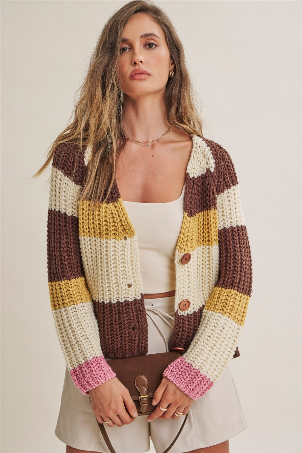 Multi Stripe Chunky Sweater Cardigan Brown Multi