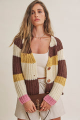 Multi Stripe Chunky Sweater Cardigan Brown Multi