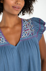 Flutter Sleeve Embroidered Details Dress Slate Blue