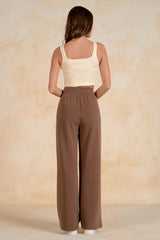 Elastic Waist Piping Detail Wide Leg Pants Light Brown