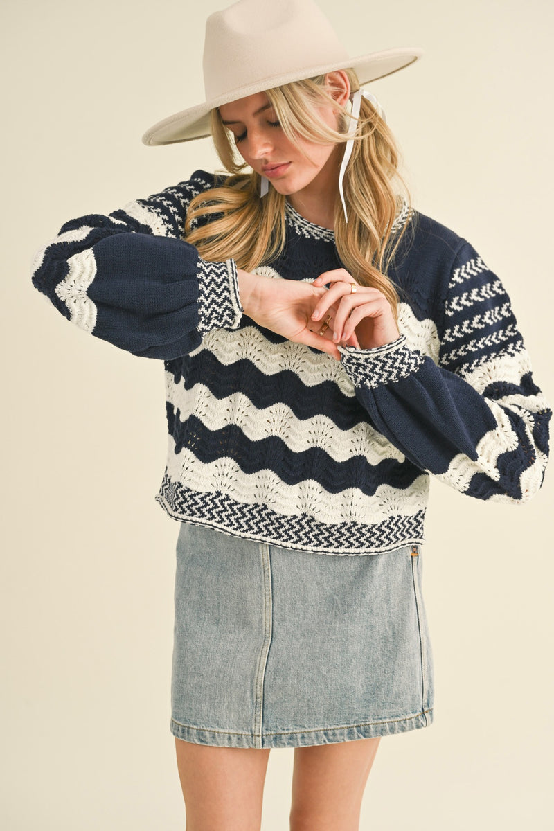 Wavy Stripe Puff Sleeve Sweater Navy Ivory