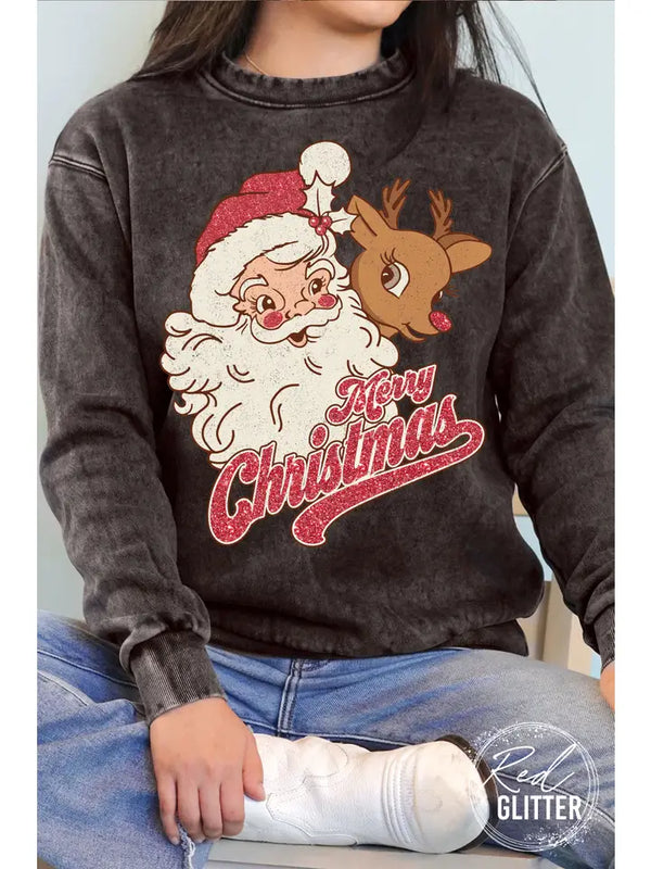Merry Christmas Santa Glitter Mineral Sweatshirt Black