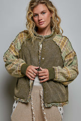 Thermal Plaid Sleeve Frayed Seams Jacket Olive