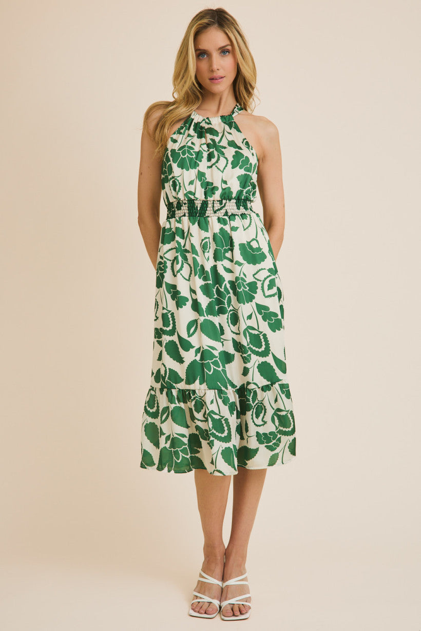 Sleeveless Halter Smocked Waist Floral Print Dress Cream + Green