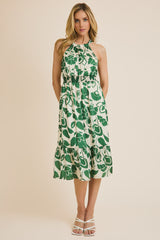 Sleeveless Halter Smocked Waist Floral Print Dress Cream + Green