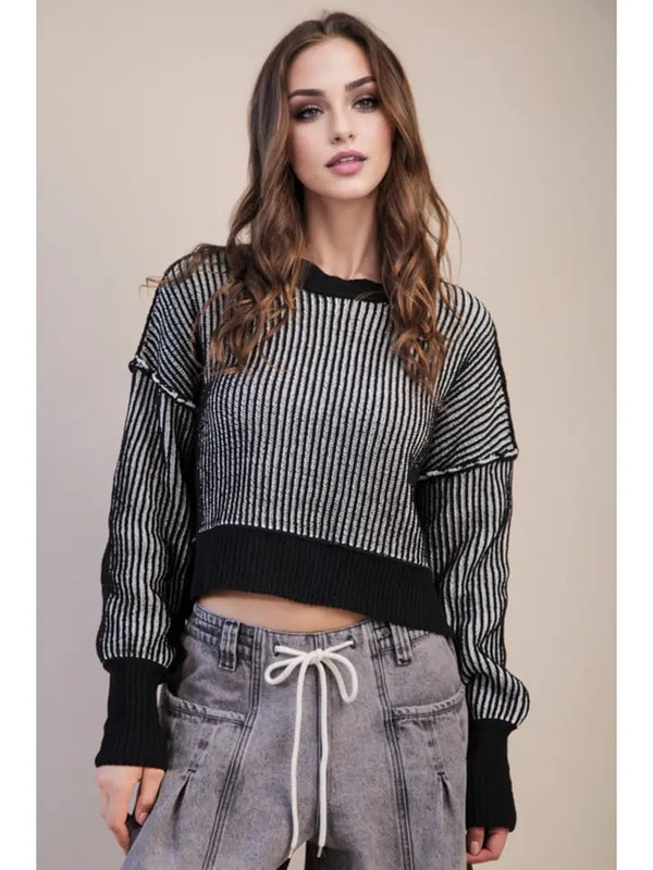 Two Tone Striped Sweater Black