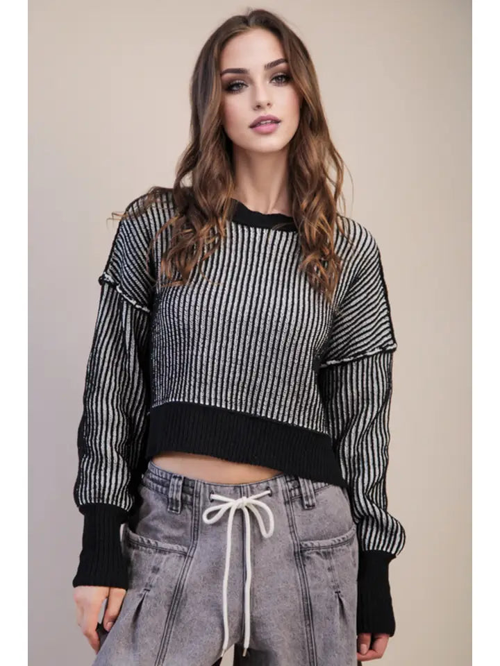 Two Tone Striped Sweater Black