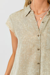 Frayed Cap Sleeve Washed Button Down Shirt Sand