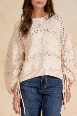 Open Knit Tie Sleeve Sweater Off White