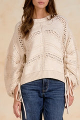 Open Knit Tie Sleeve Sweater Off White
